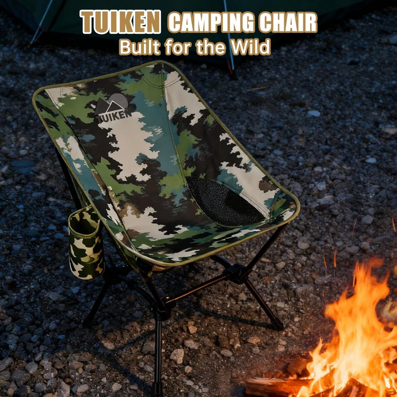 TUIKEN Ultralight Camping Chair Backpacking Chair, Portable Camp Chair with Cup Holder & Storage Bag, Lightweight Compact Folding Chair for Hiking, Travel, Picnic Mountaineering (Camo)