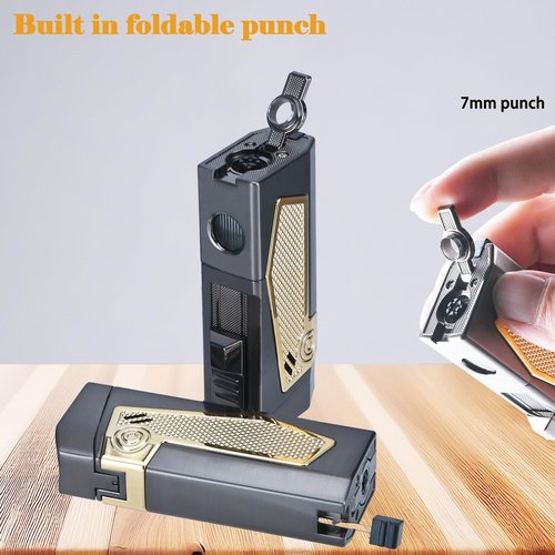 Reetsing 4 Torch Jet Flame Lighter with Punch & Holder - Refillable Butane Windproof Torch Lighter - Multi-Functional Lighter Accessory,Premium Gift for Men（Without Butane）