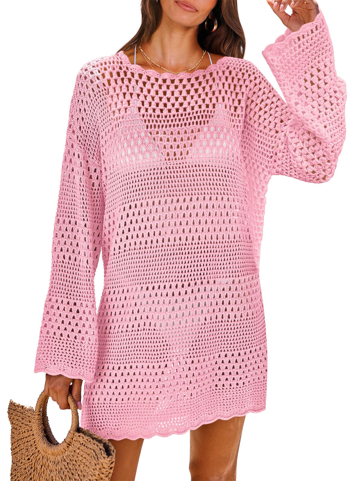 ANRABESS Women Swimsuit Crochet Swim Cover Up 2026 Summer Bathing Suit Swimwear Mesh Knit Beach Dress Vacation Outfits Light Pink Small