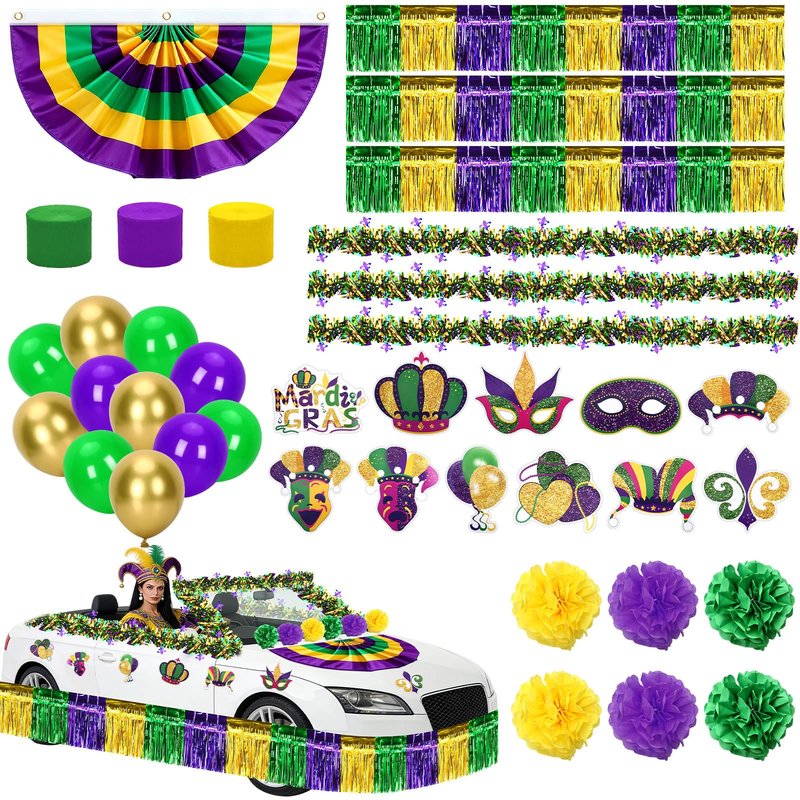 UPINS 57 Pcs Mardi Gras Decorations Kit, Mardi Gras Float Decorations Golf Cart Decorations for Parade, Includes Bunting Flag Garland Tinsel Fringe Streamers Balloons (Purple Green Gold)
