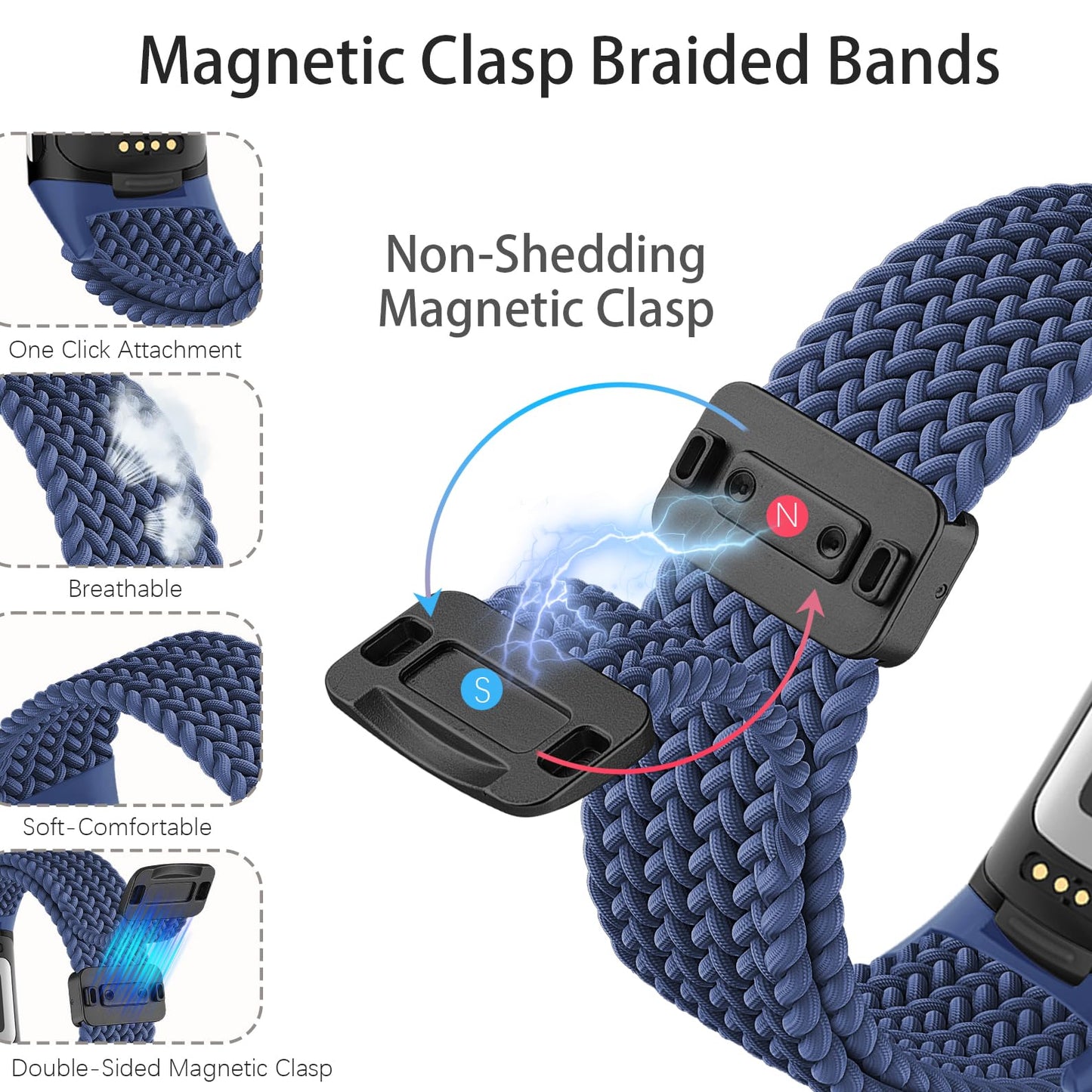 Huadea Magnetic Braided Nylon Compatible with Fitbit Charge 6 Bands/Fitbit Charge 5 Bands for Women Men, Soft Sport Stretchy Breathable Strap Replacement Wristband for Charge 6/Charge 5