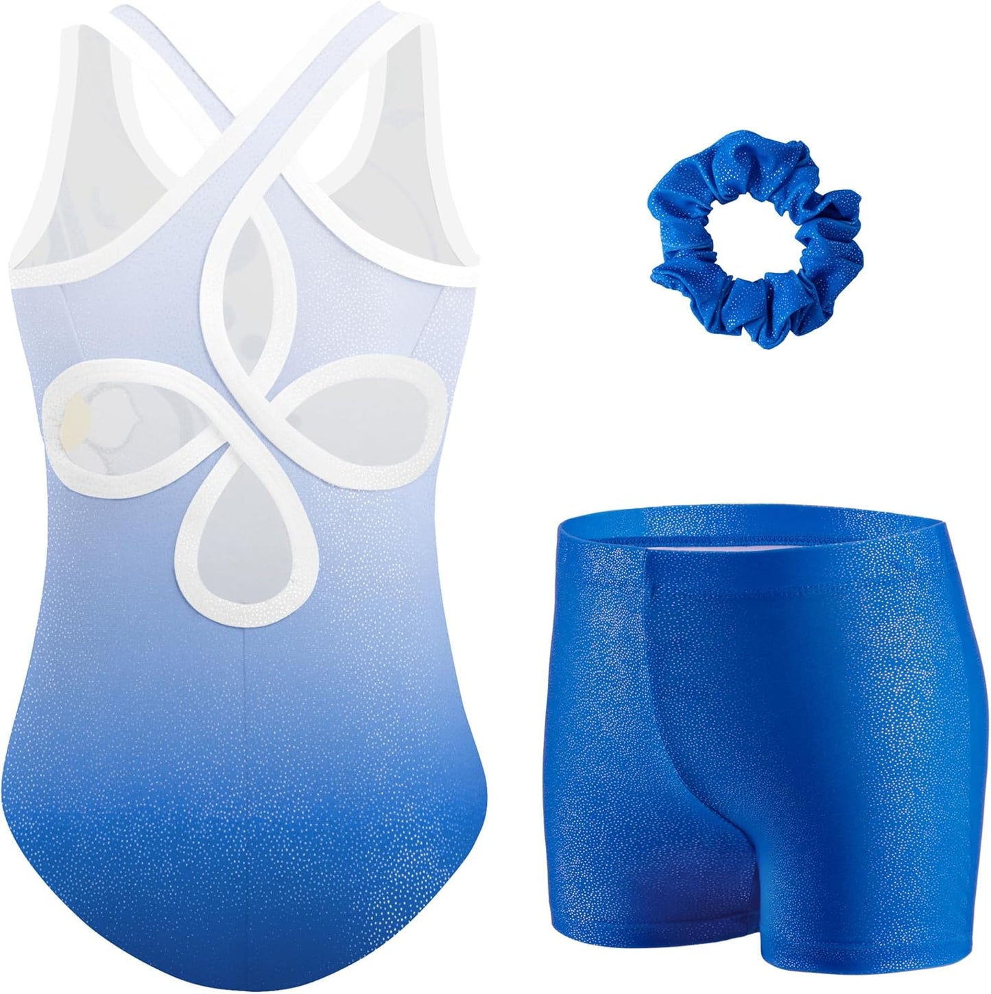Zaclotre Gymnastics Leotards for Girls - Sparkly Sleeveless Hollow Back Unitard with Gym Shorts Combo