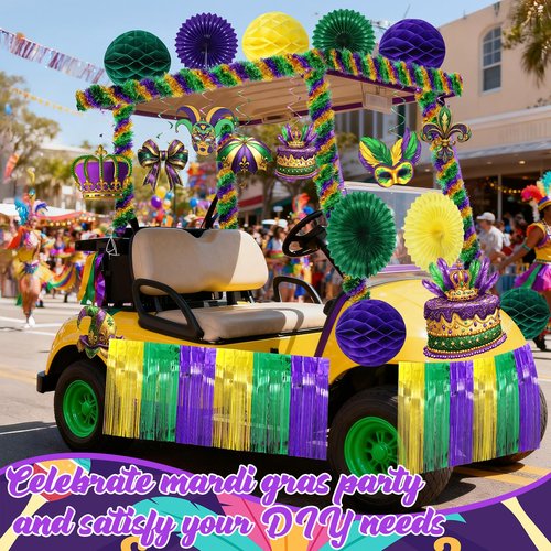 Norme 41 Pcs Mardi Gras Parade Golf Cart Decoration, Float Mask Cutout Foil Fringe Curtains Garland Paper Pompoms Hanging Fan Swirls Purple Green Gold Decor for New Orleans Mardi Gras Party Decoration
