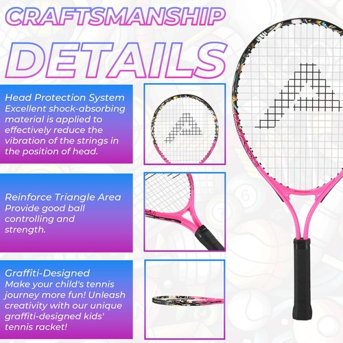 AMA SPORT Kids Tennis Racket for Junior Toddlers Starter Kit 17-25" for Girl Pink and Boy Yellow with 420D Nylon Shoulder Strap Bag, Graffiti Pink 17"