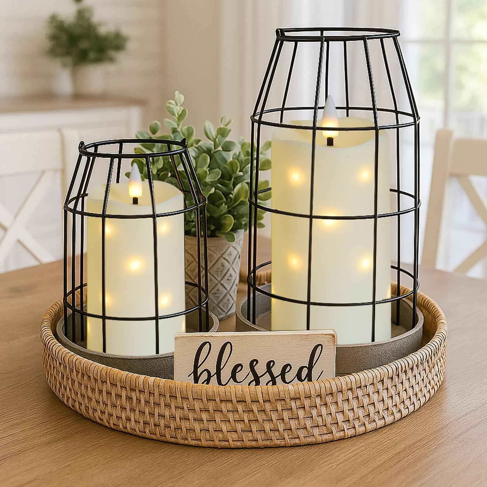 Lezonic Flameless Waterproof Outdoor Candles with Flickering Dancing Flame, 4Pcs Battery Operated Candles with Remote, Ivory LED Pillar Built-in String Lights for Patio Wedding Decor, 3.25" x 6"