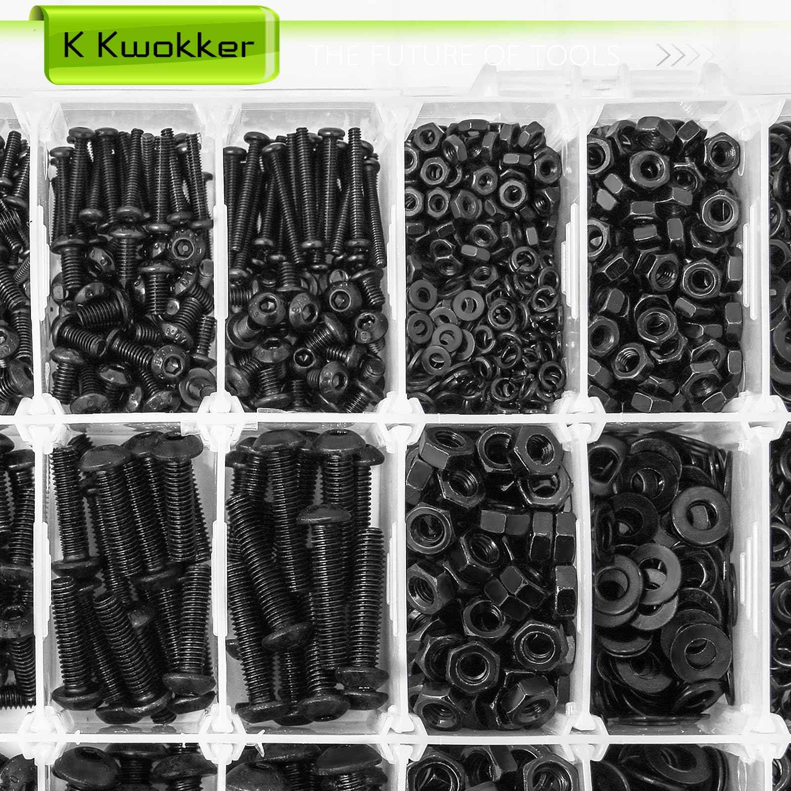 K Kwokker 2410Pcs M2 M3 M4 M5 Nuts and Bolts Assortment Kit 4MM to 20MM Upgraded Zinc Plated Hex Button Head Cap Metric Machine Screws, 10.9 Alloy Steel Bolts and Nuts Kit w/Lock Washers for Screws