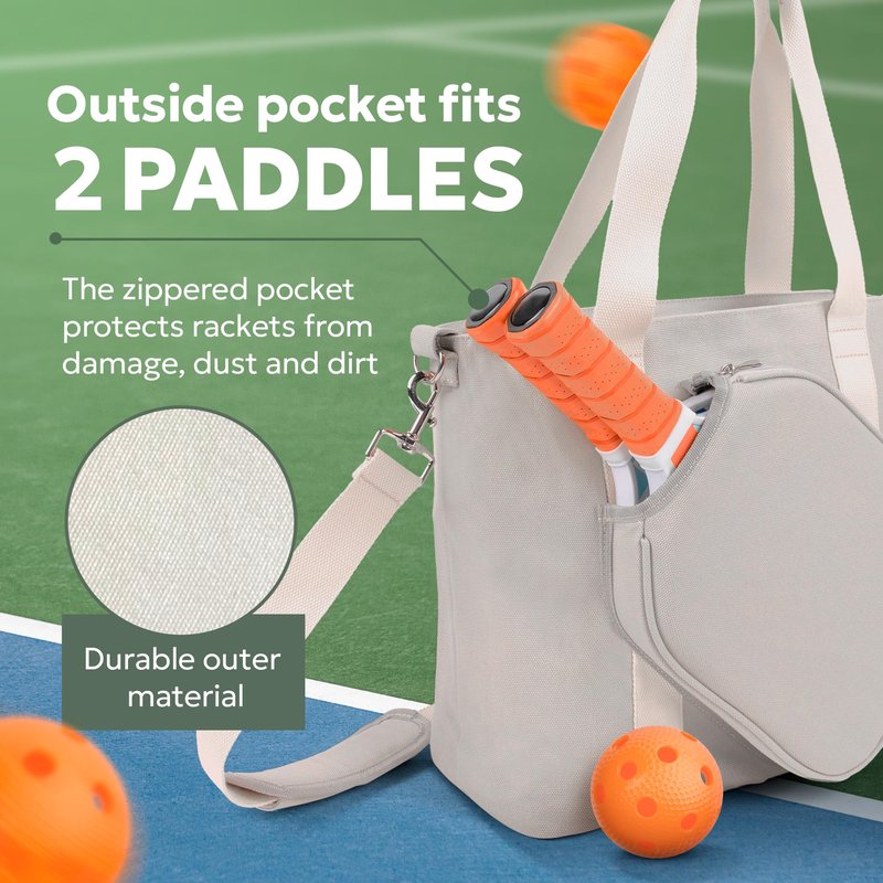 VERLY Pickleball Bag - Large Gray Canvas Tote Bag for Women and Men, Fits 2 Pickle Ball Paddles & Shoe Storage, Adjustable Strap, Fence Hook, Pickleball Gifts & Accessories