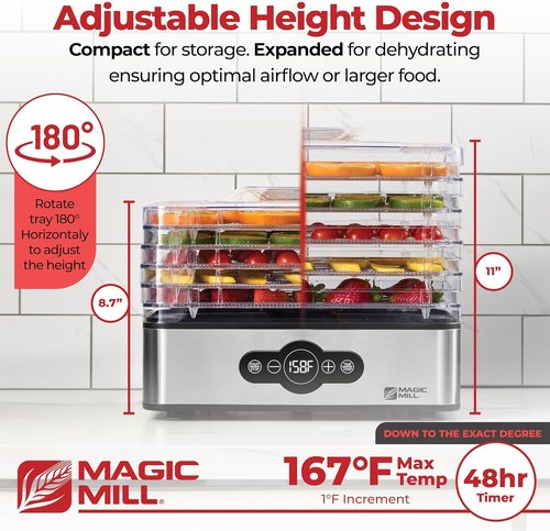 Magic Mill Food Dehydrator Machine - 5 Stackable Stainless Steel Trays, 48-Hour Timer & Adjustable Temperature Control Up to 167°F for Jerky, Fruits & Treats