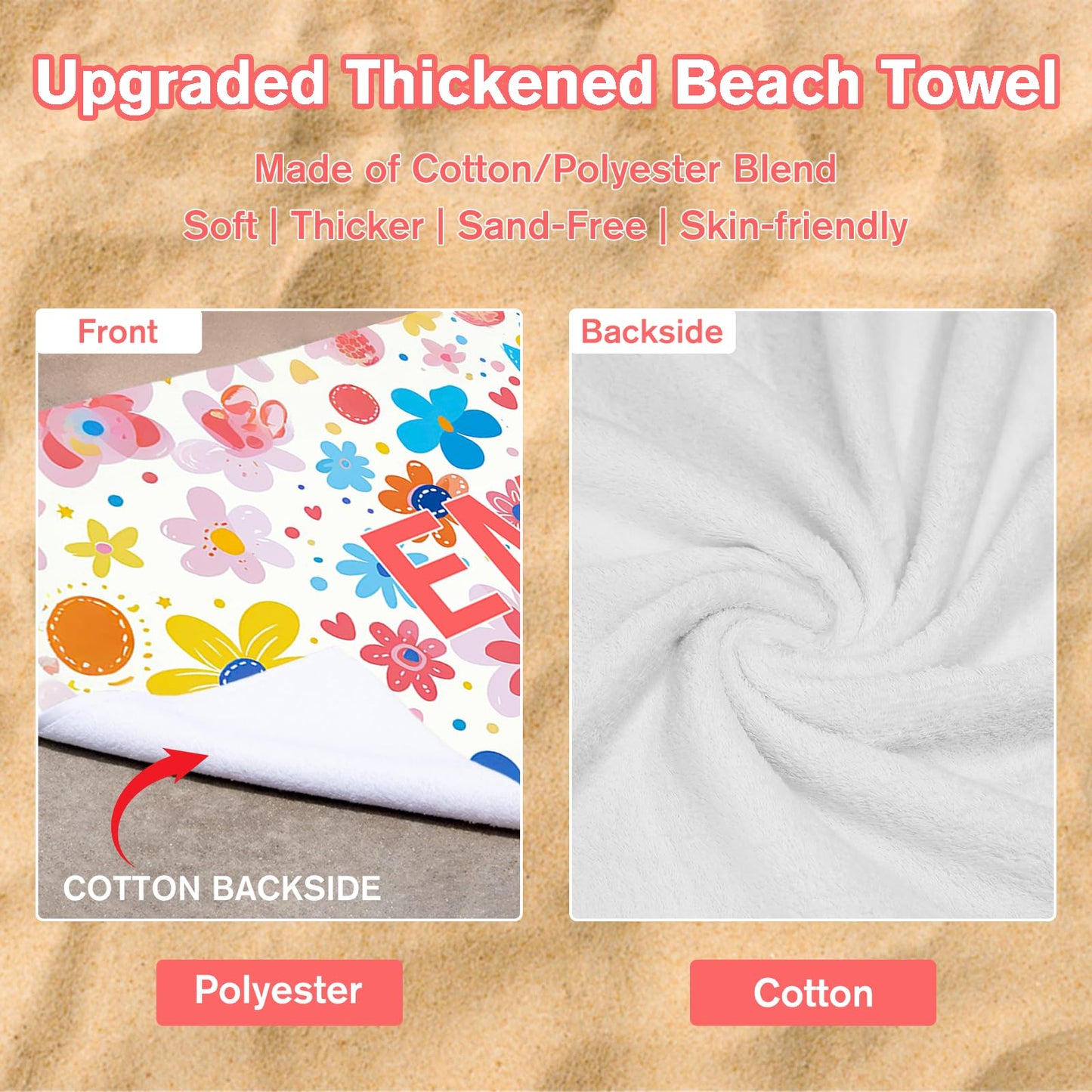 WNNNS Personalized Beach Towels for Adults & Kids Custom Beach Towel with Names for Women Men Oversized Sand Free Soft Cotton/Poly Blend Bath Pool Swim Towel Quick Dry Customized Girls Beach Towel