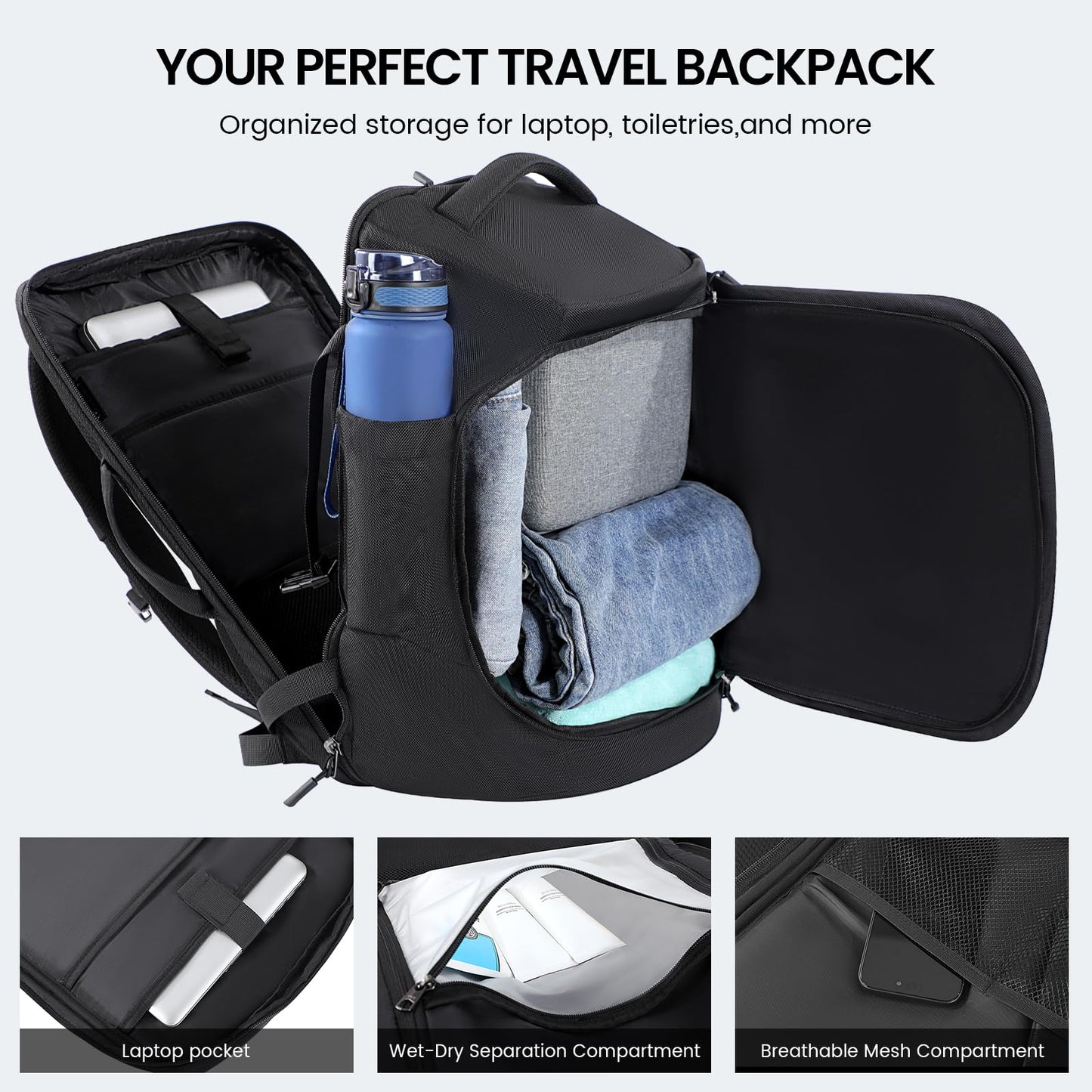 Mecrowd Large Travel Backpack for Men 40L, Carry On Backpack TSA 17.3 Inch Laptop Mochila Flight Approved, Large Business Daypack Waterproof,Carry on bag Weekender College for Men Women, Black