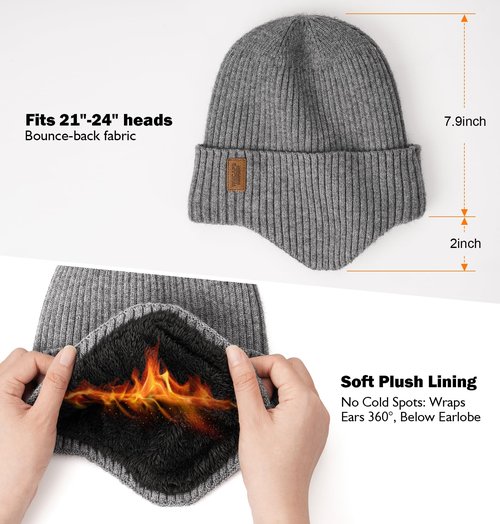 Wmcaps Fleece Lined Winter Beanie with Earflap for Men Women - Windproof Thermal Knit Hat for Cold Weather Black