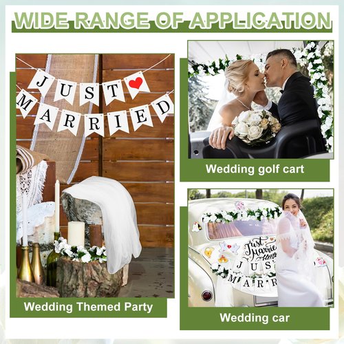 Wedding Golf Cart Decorations 1 Just Married Sign Banner 4 Rose Garland 14 Assorted Ornate Car Magnets 19.7ft Draping Fabric 4 Mr and Mrs Just Married Balloons for Bridal Shower Honeymoon Photo Props