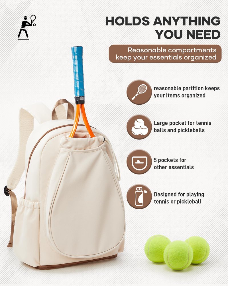 bergsalz Tennis & Pickleball Bag for Women Men, Fits 1 Racket or 2 Paddles, Lightweight Waterproof Tennis Backpack with Shoe Compartment & Wet Pocket For Training, Gym & Travel, Beige Brown