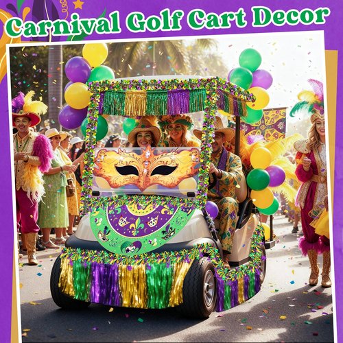 68 Pcs Mardi Gras Golf Cart Parade Float Decoration Kit 60 Pcs Balloons 4 String Wire Garland 2 Banners Mardi Gras Fan Shaped Hanging Flag Cloth Mask with Flag for Golf Cart Accessories