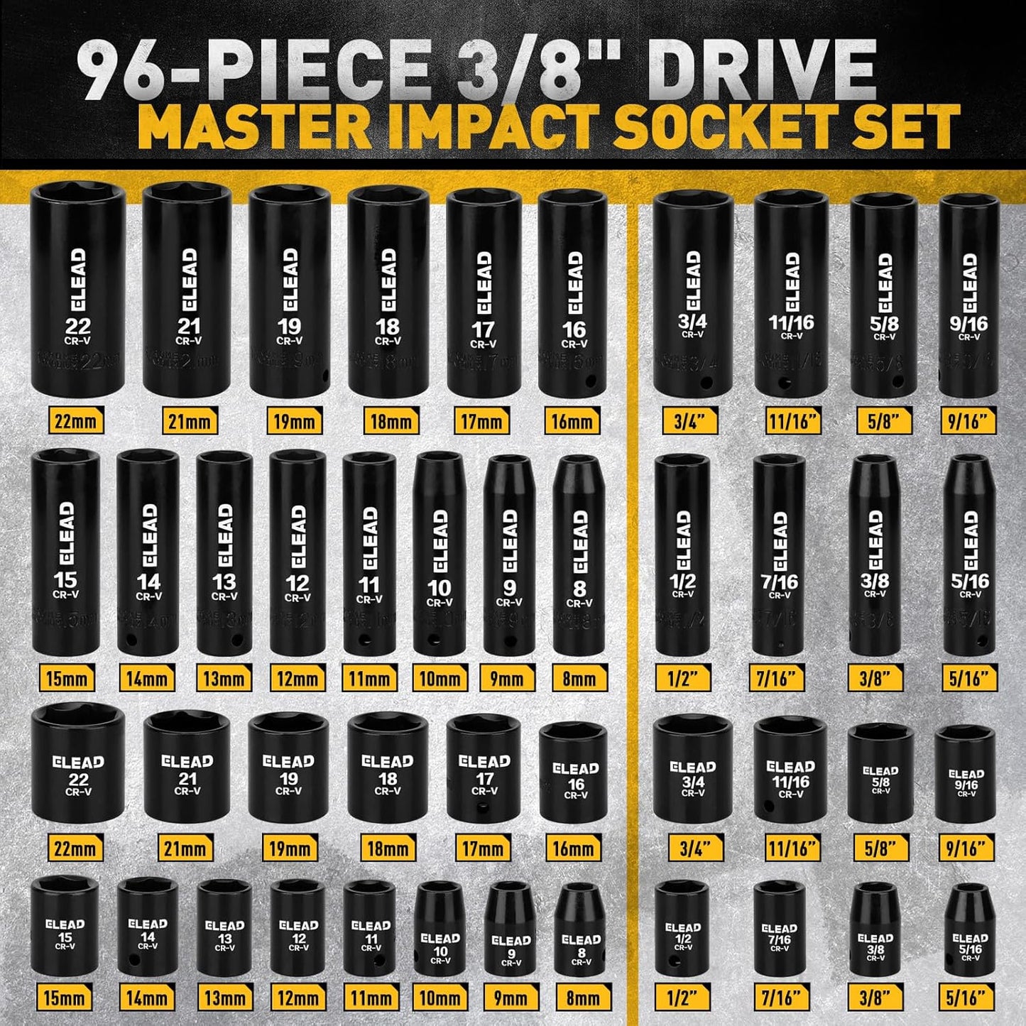 96-Piece ELEAD Impact Socket Set - Deep & Shallow Metric/Standard with Ratchet, Adapters & Extensions