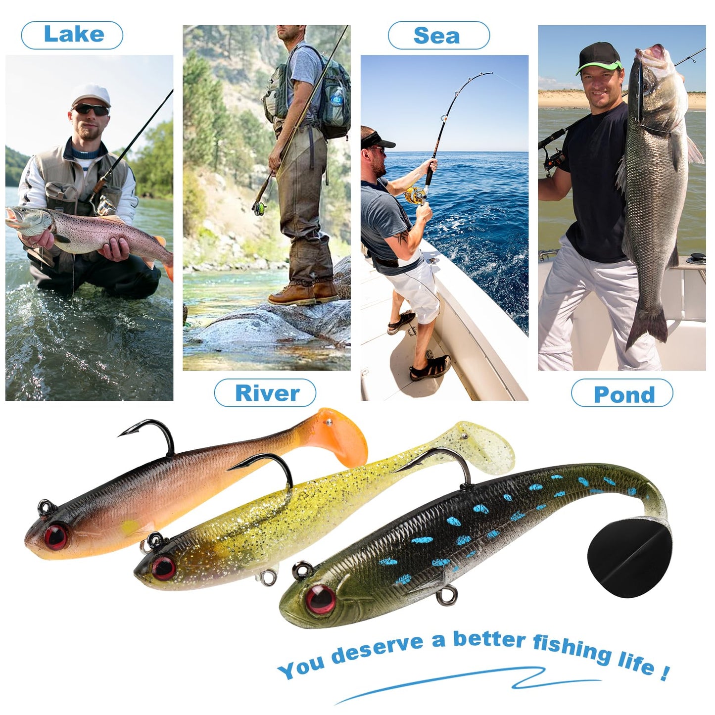 Gibtikoy 5 Pcs Pre-Rigged Soft Fishing Lures, 3.5In Paddle Tail Jig Heads Swim Bait, Realistic Movement Easy Catch Fishing jigs Lure, Fishing Baits for Freshwater Saltwater Bass Trout Baits