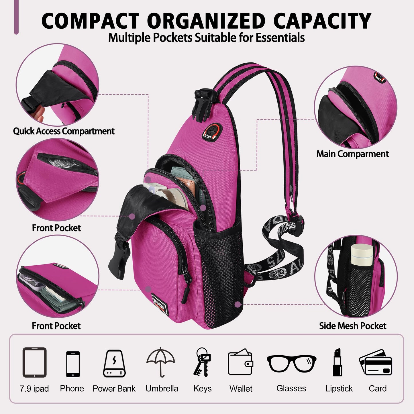Geestock Convertible Sling Bag for Women Men, Lightweight Crossbody Backpack Daypack Chest Bag Fit 7.9" Tablet for Travel, Sport, Hiking & Commute, Purplishred, 7.09in×3.15in×12.60in