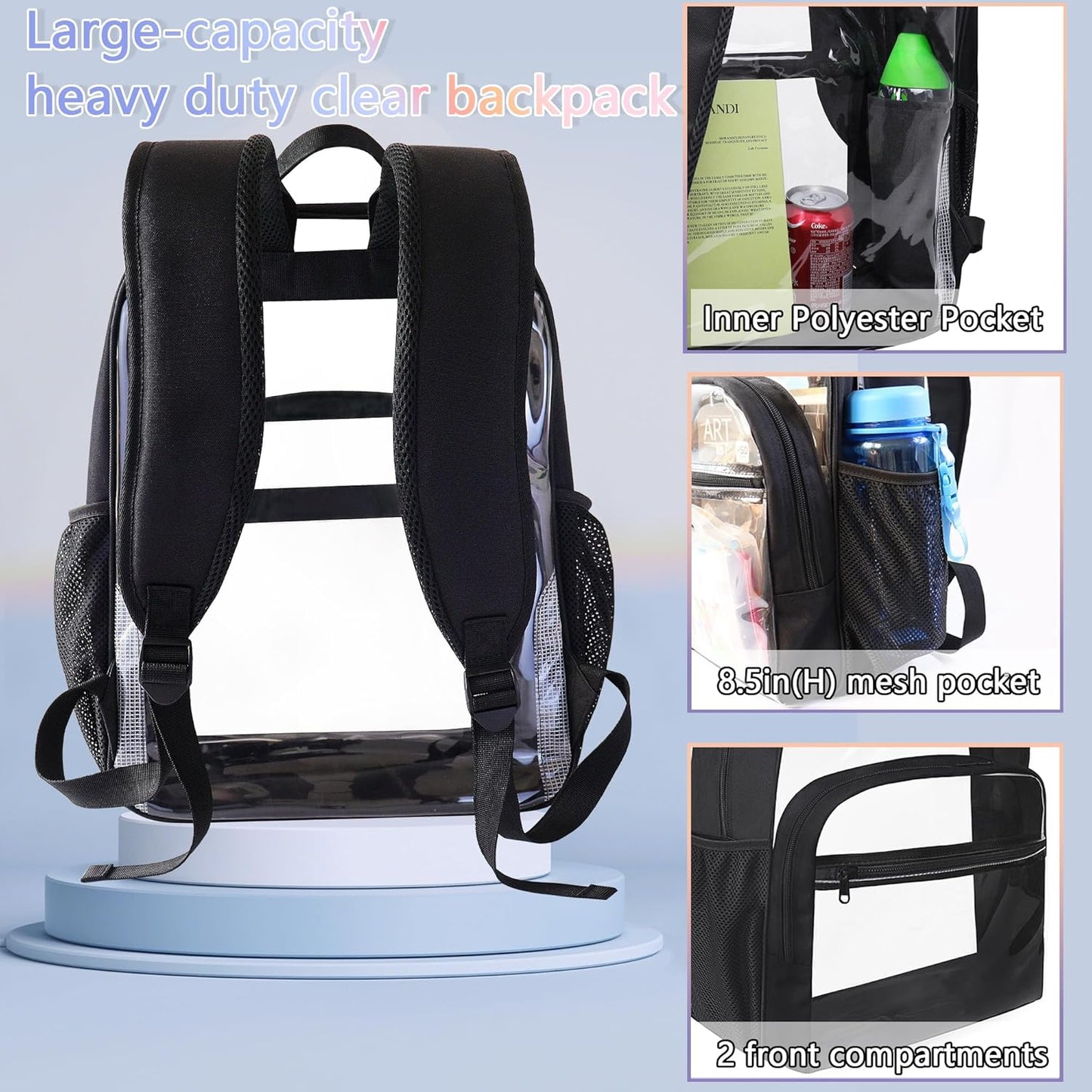 Skiennix Clear Backpack - Heavy Duty Transparent Bookbag | 18-Inch Black PVC School Bag