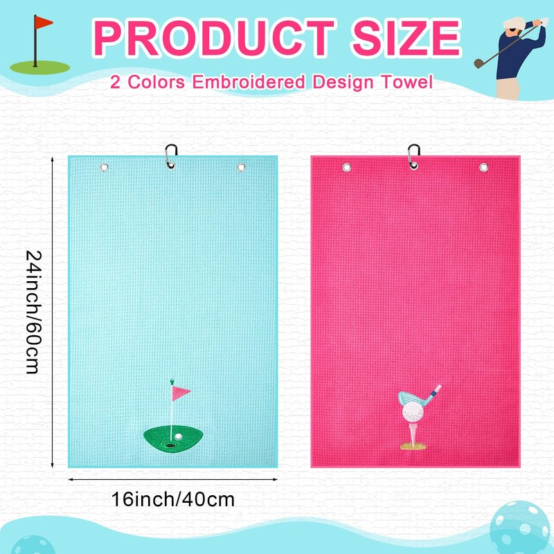 Mindsoft 2 Pieces Funny Golf Towel Microfiber Embroidered Ball Towels for Women Ball Bags with Clips Accessories Waffle Pattern for Mother Golf Fan Birthday Gifts(Hot Pink Blue,Elegant Style)
