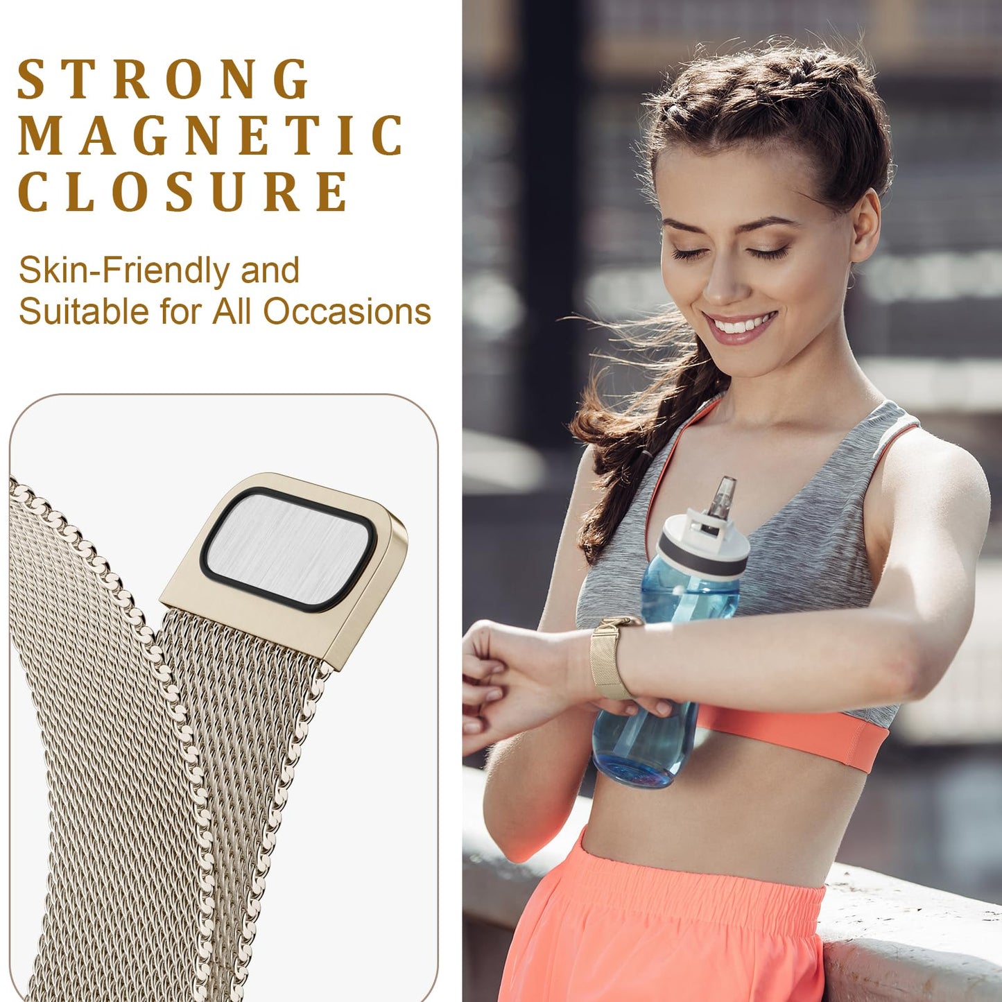 JKD Metal Bands Compatible with Fitbit Sense 2/Versa 3/Sense/Versa 4 Bands for Woman Men, X-Shape Stainless Steel Strap Mesh Replacement for Fitbit Versa 4/Sense 2 Smartwatch, Champagne Gold