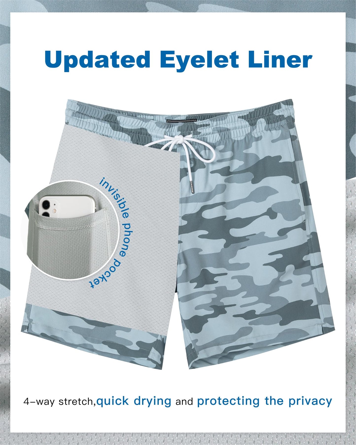 SURF CUZ Mens Swim Trunks with Compression Liner Quick Dry Swim Shorts 7" Swimming Trunks Stretch Bathing Suit 7 Inch,Grey Camouflage,XL