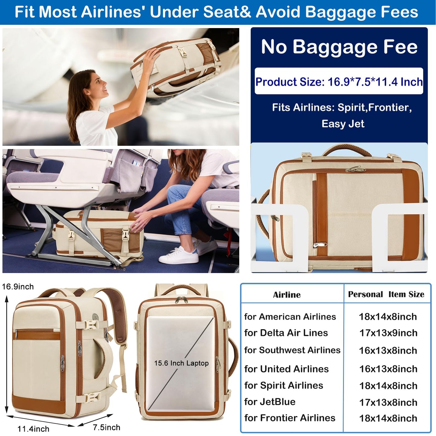 Travel Backpack for Women Airline Approved Carry On Backpack with Shoe Pouch,TSA 15.6inch Laptop Mochila Flight Approved Personal Item Bag for Weekender Overnight Bags Bookbag Travel Essentials,Beige