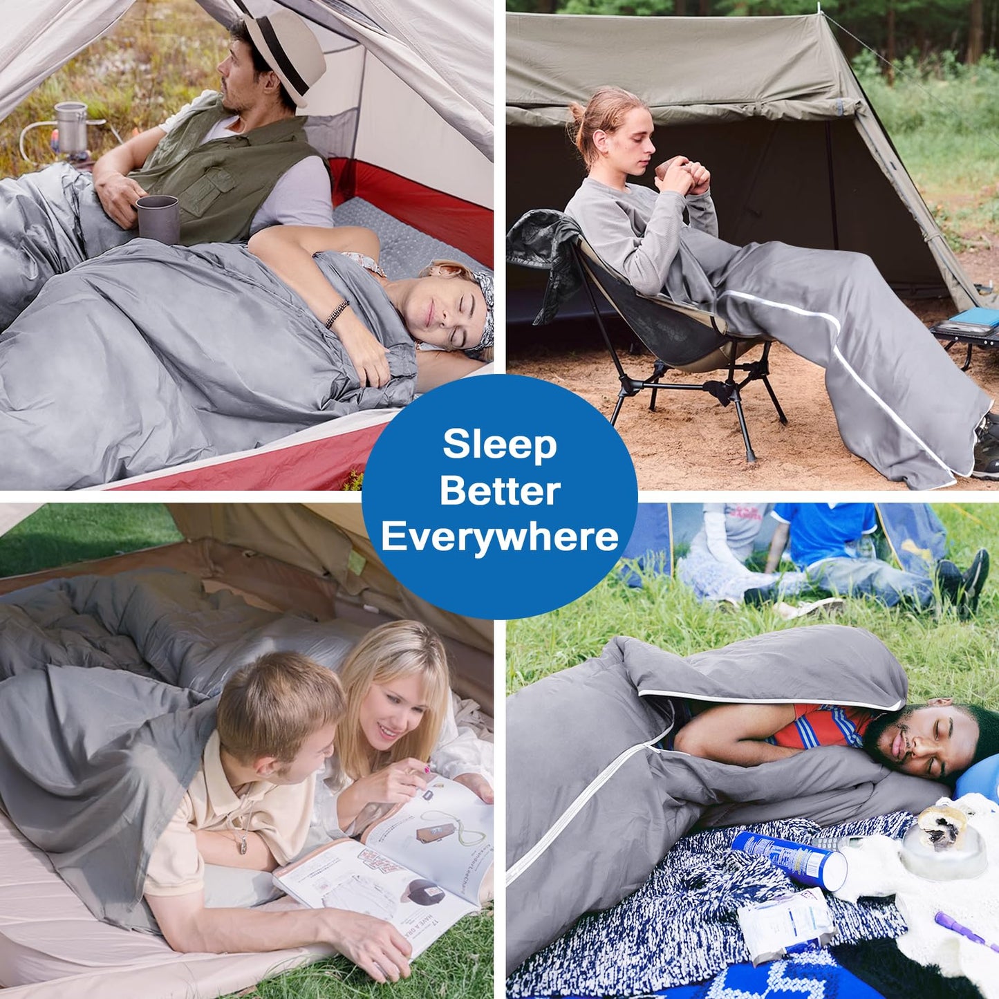 Sleeping Bag Liners with 2 Way Zipper, Adult Sleep Sack Travel Sheets for Hotel/Hostels/Business Trips, Lightweight Single Camping Sheet Sleep Bag Liner Warm & Cold Weather, Gray