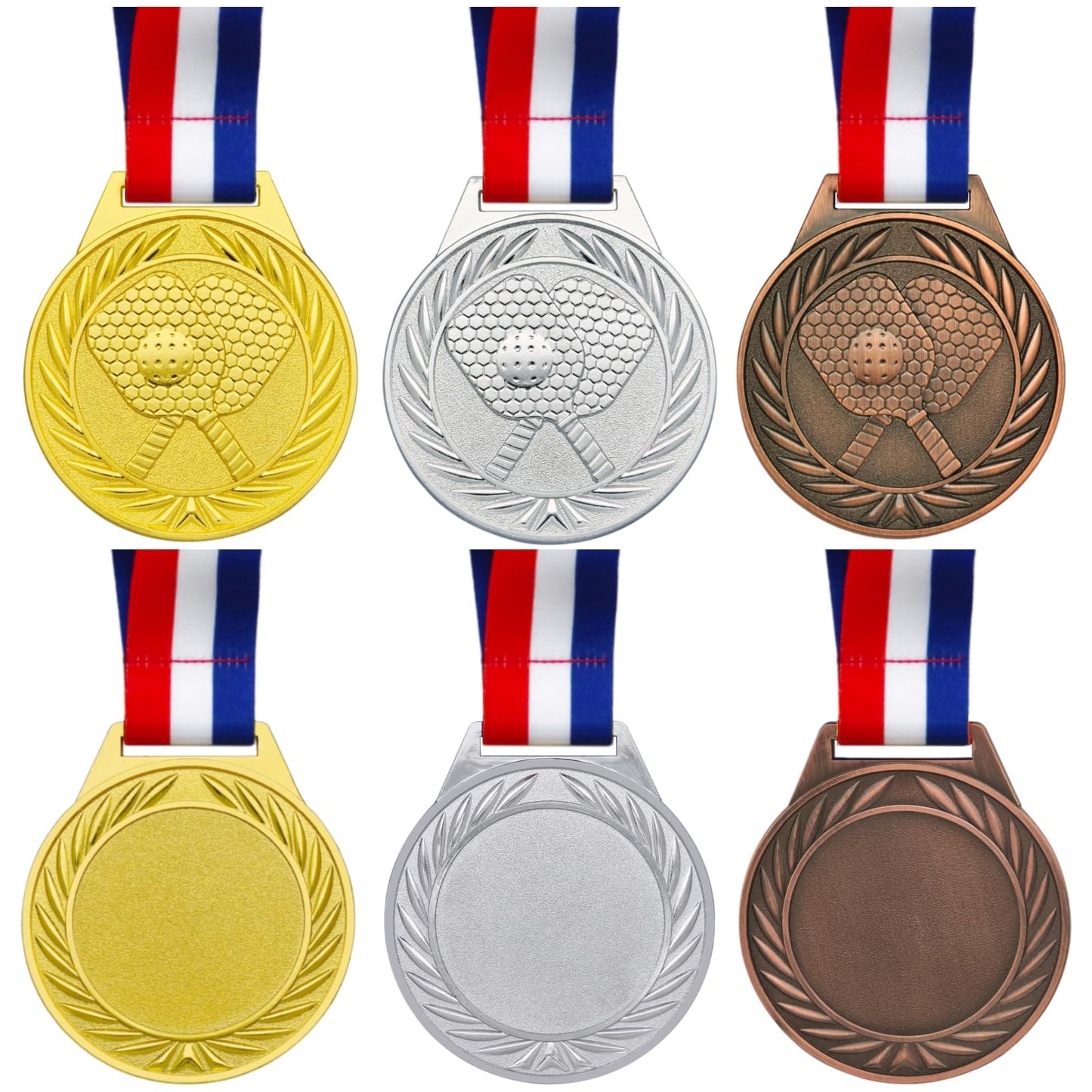 Donrime 6 Pcs Pickleball Medals - 2.56 Inch Gold Silver Bronze Metal Pickle Ball Medal with V Neck Ribbons for Kids Adults Trophy Award Prize Gift