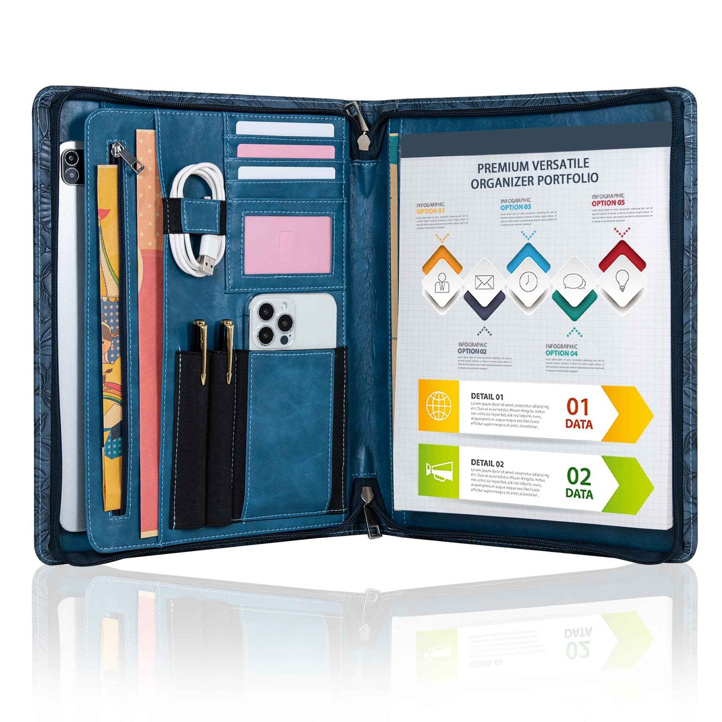 Embossed Vegan Leather Portfolio for Women,Professional Organize Padfolio with A4 Notepad Holder,Professional Business Document Organizer for Women (Blue)