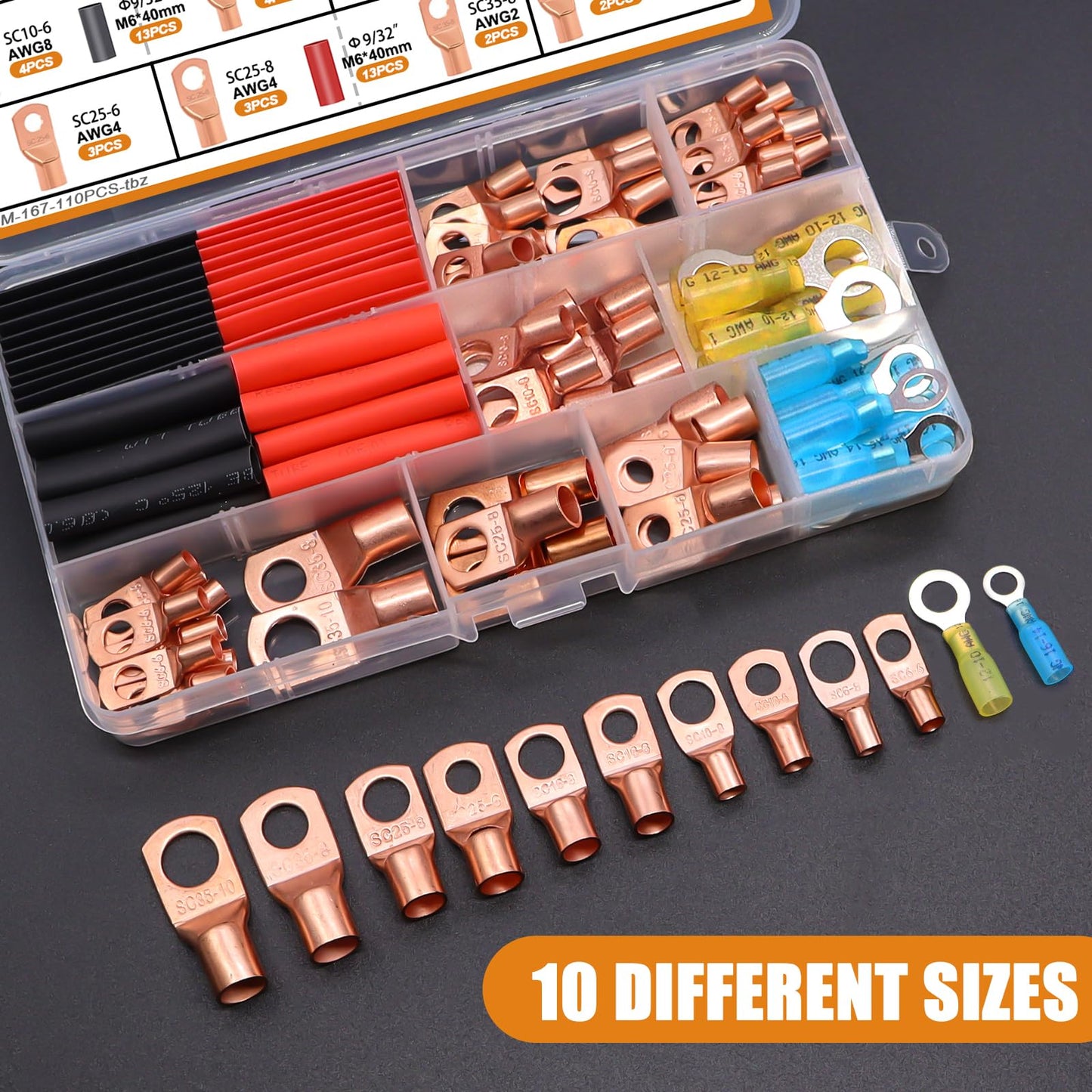 mankk 110PCS Copper Wire Lugs AWG 2 4 6 8 10 12 14 16 Gauge Battery Terminal Connectors Battery Cable Ends Connectors Copper Ring Terminal Kit with Heat Shrink M-167-110PCS-tbz