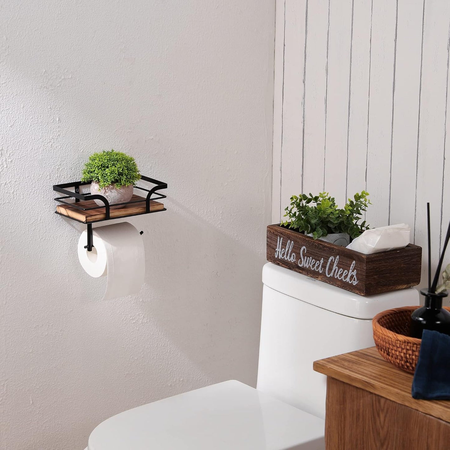 Rustic Farmhouse Toilet Paper Holder - Stylish Shelf for Wipes & Phone | Warm Brown Wood & Black Metal
