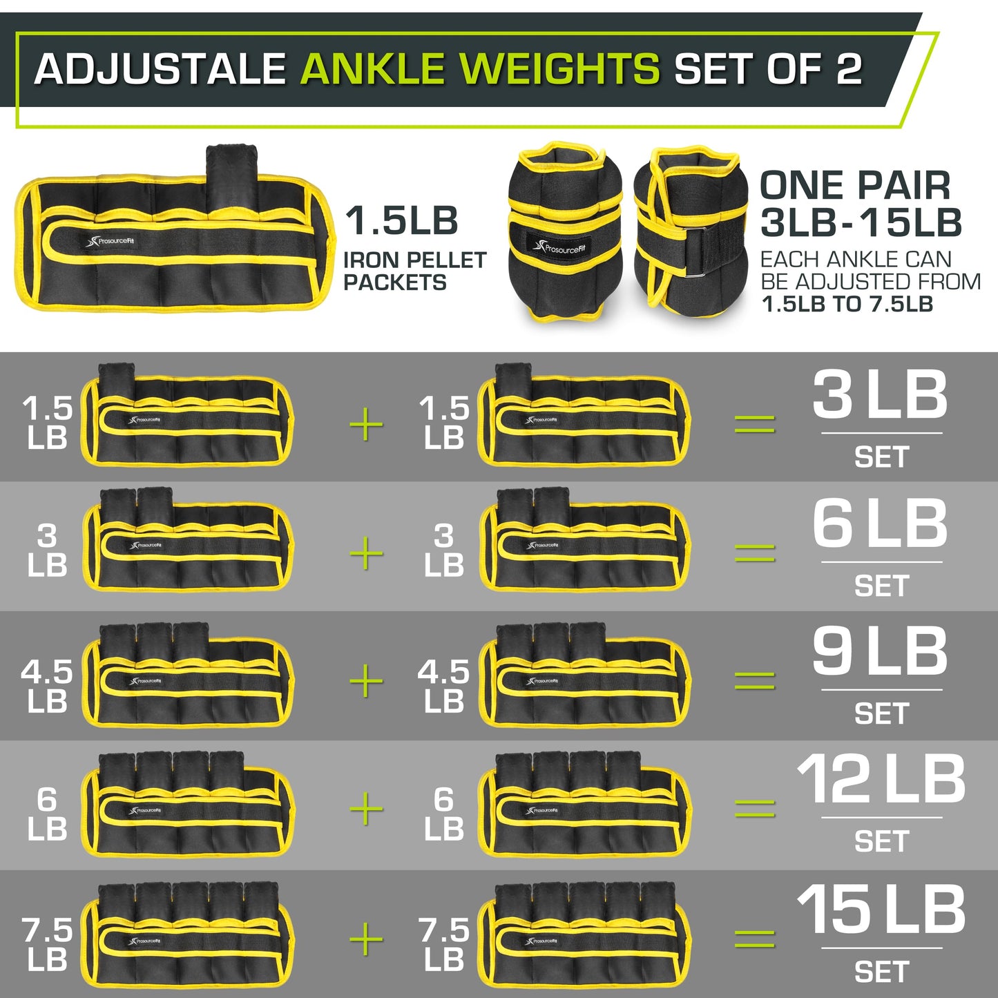 ProsourceFit Adjustable Ankle, Wrist, Arm, and Leg Weights for Men and Women, Set of 2, 7.5lb each, Yellow