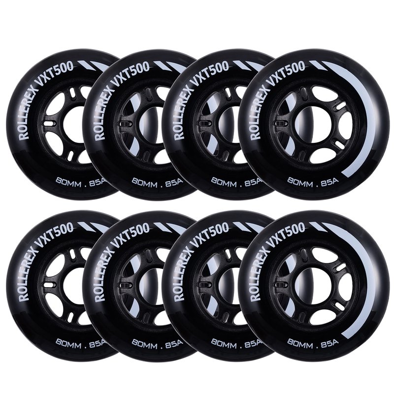 Rollerex VXT500 Inline Skate Wheels 8-Pack - 85A Durable Roller Blade Wheels for Indoor & Outdoor Skating - Fits Standard 608 Bearings (Steel Black, 76mm)