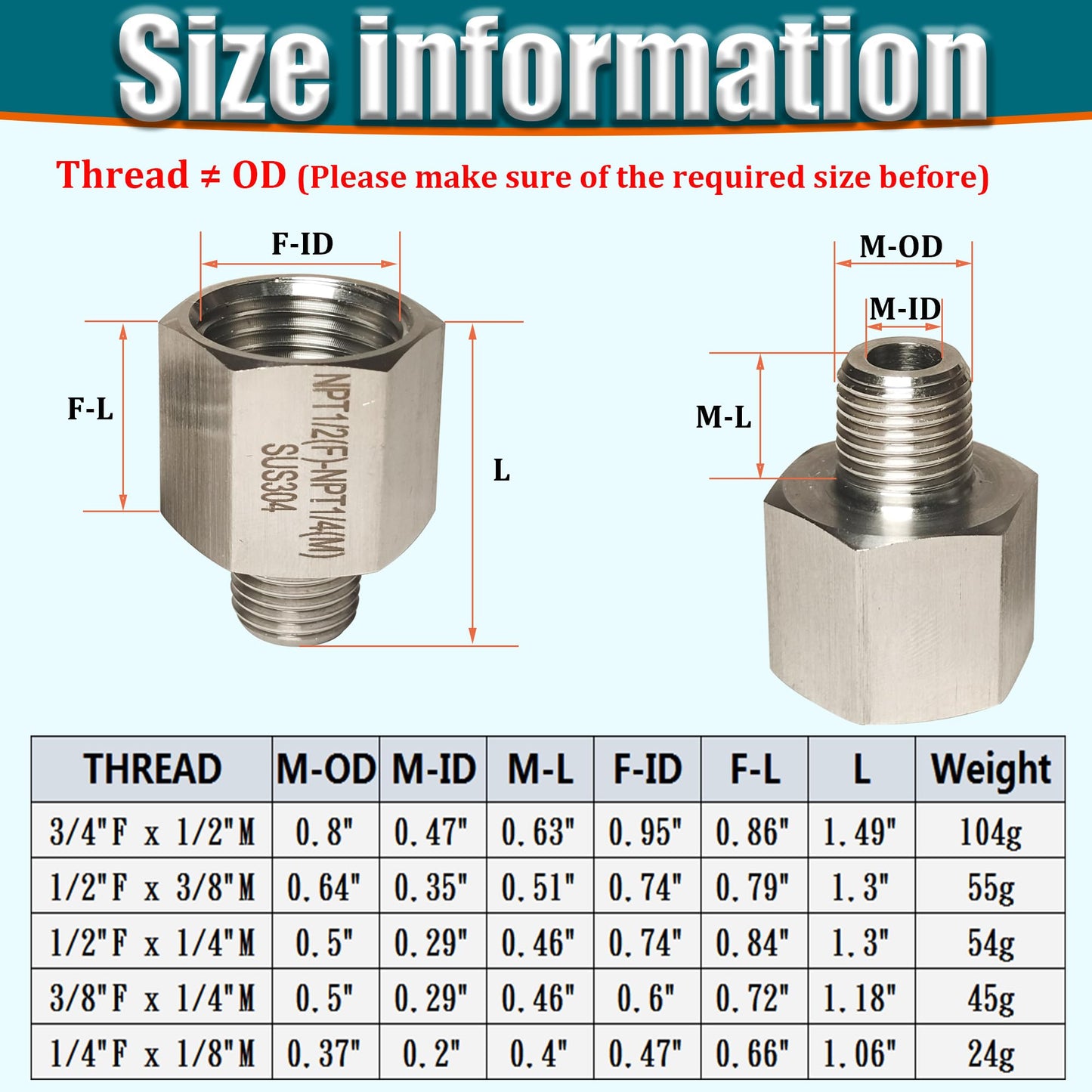 1/4" Male to 3/8" Female Reducer Adapter Pipe Extension Connector, 304 Stainless Steel 3/8" NPT Female x 1/4" NPT Male Reducing Pipe Fittings