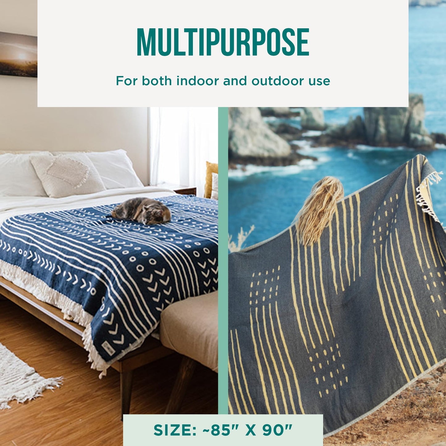 Sand Cloud Oversized Throw Blanket - 100% Organic Turkish Cotton & Heavy Weight Jacquard Weave - Soft, Comfy & Cozy Large Beach Blanket for Comfort & Style - 85" x 95" - Illusions Party