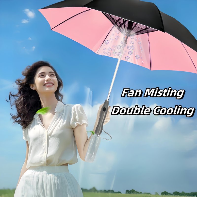 Umbrella with Fan & Mist Spray - Rechargeable UV Protective Cooling Umbrella for Patio, Beach, Travel | Portable Misting System & Detachable Water Bottle Included (Pink)