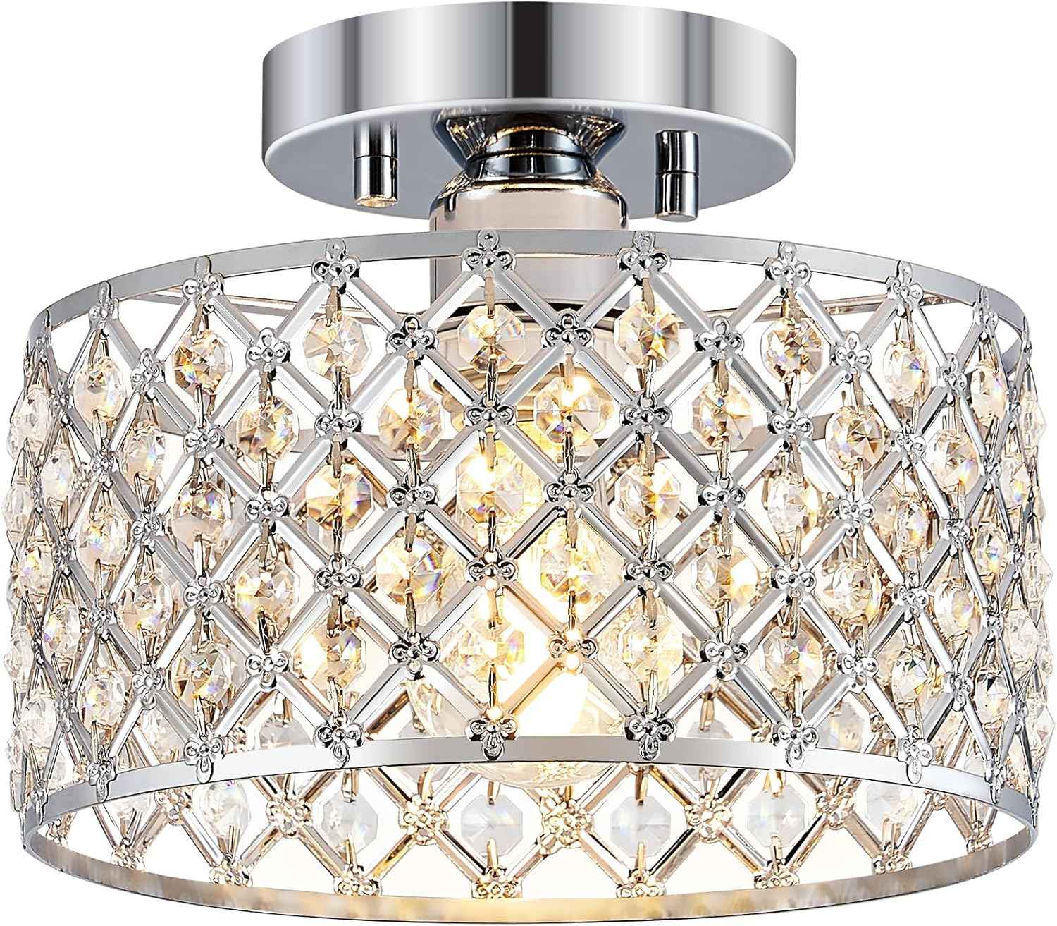 Modern Black Crystal Semi Flush Mount Ceiling Light Fixture - 11.2" Round Chandelier for Dining Room, Hallway, Kitchen & Bedroom