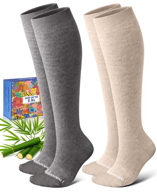 Lalapapa Bamboo Viscose Compression Socks for Women Men - 2 Pairs 15-20mmHg Knee High Graduated Compression Socks for Women Men Cute Breathable for Nurse Pregnancy Travel, Grey & Oatmeal, L/XL