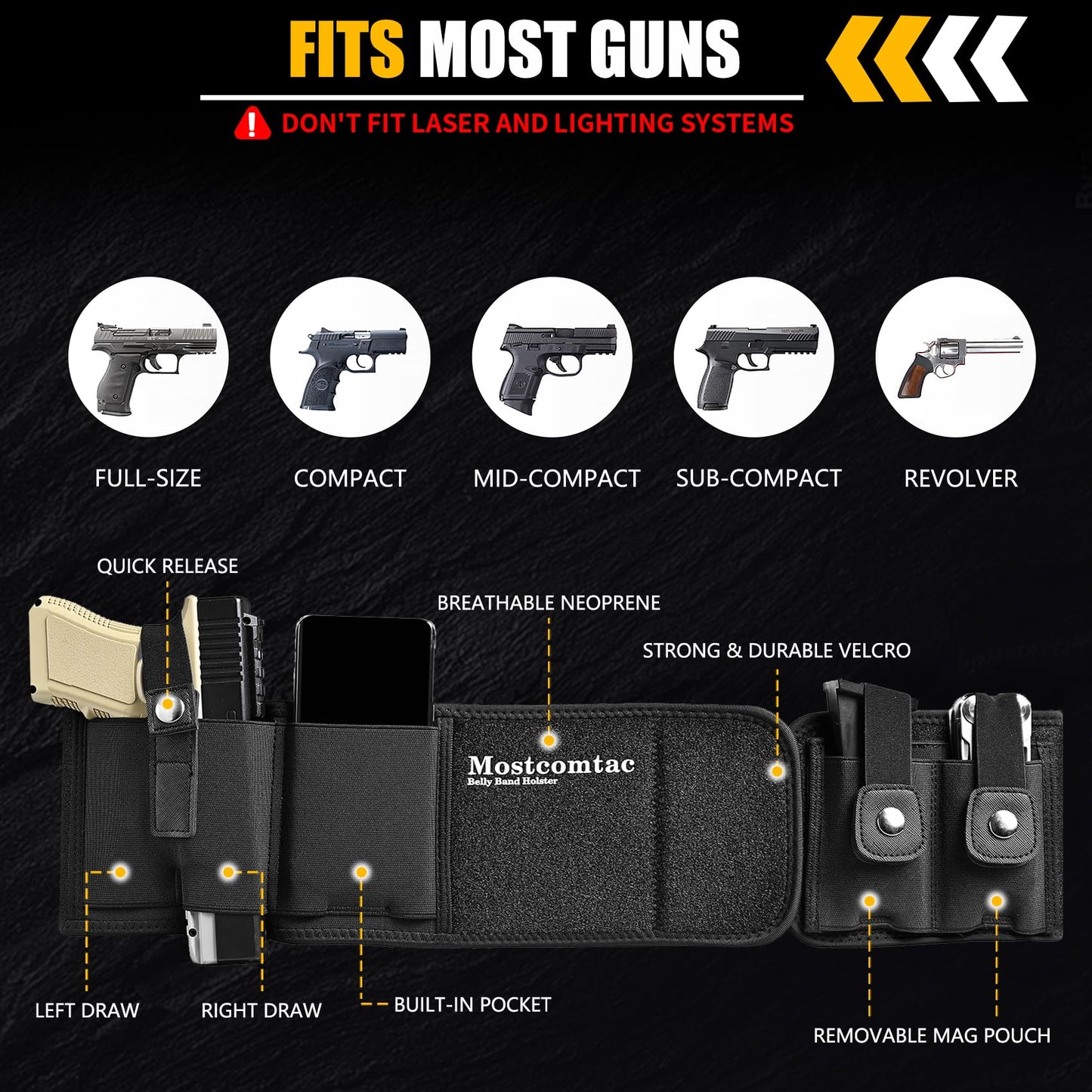 Mostcomtac Belly Band Holster for Men & Women - Breathable Neoprene Gun Holster, Multi - Pocket Tactical Belt for Outdoors, Fits G17-43x, Taurus G3C, G2C and Most 9mm and 380 Handguns（L-M）