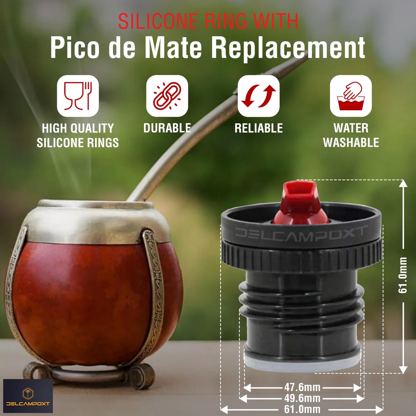 DelCampoXT Lid Termo/Thermal Flask Stopper Pico de Mate Replacement Cap - Fits Stanley Classic Vacuum Insulated Wide Mouth Bottles (1.1QT, 1.5QT, 2QT) - Black/Red - Set of 1
