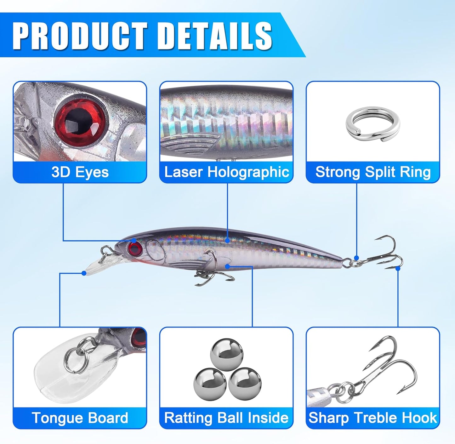 Skiennix Saltwater Fishing Lures Kit - 6pcs Surf Striper Minnow Jerkbait & Crankbait Plugs for Deep Sea Fishing
