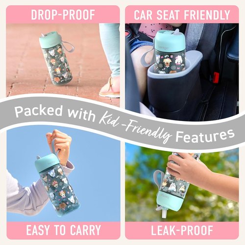 Bentgo Kids Water Bottle - Leak-Proof, Durable Tritan BPA-Free 15 oz Cup for Kids/Toddlers Ages 3+; Bite & Sip Spout, Carrying Handle & Dishwasher Safe for School, Sports, Daycare & Camp (Puppy Love)