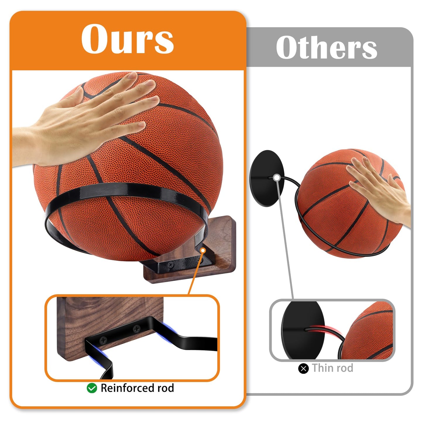 Basketball Holder Wall Mount, Black Walnut Ball Storage Wall Decorations for Basketball, Football, Soccer, Volleyball Collection, Stylish Basketball Rack Display for Home Decor (Black Wood-4 Packs)