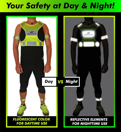 FREEMOVE Reflective Vest Running Gear + 2 Bands & Bag/Ultralight & Comfy Safety Vests with Front Zip Pocket > High Visibility Reflector > for Men, Women > Running, Dog Walking or Cycling