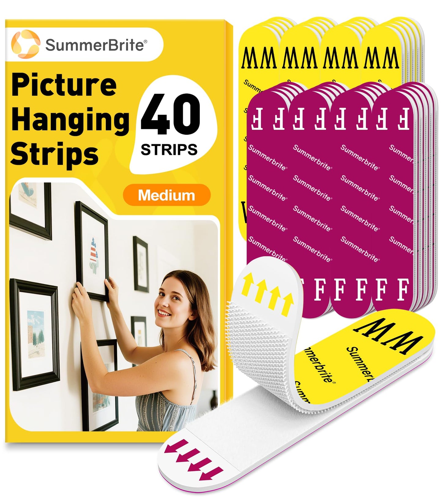 Picture Hanging Strips Heavy Duty, Damage Free Picture Hangers for Walls Without Nails/Tools, Wall Sticky Hook and Loop Adhesive Strips Kit for Poster, Home, Office, 40 Strips/20Pairs-Medium