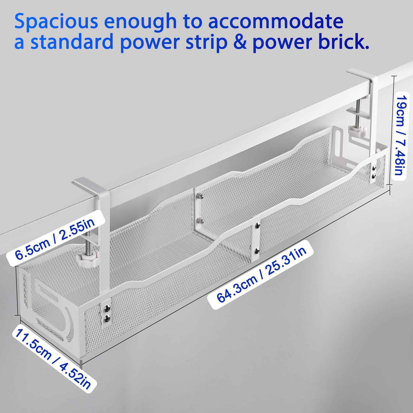 Under Desk Cable Management Tray 25.3 Inch – No Damage Install, Cord Organizer for Office & Home, Wire Organizer for Desk Storage, White