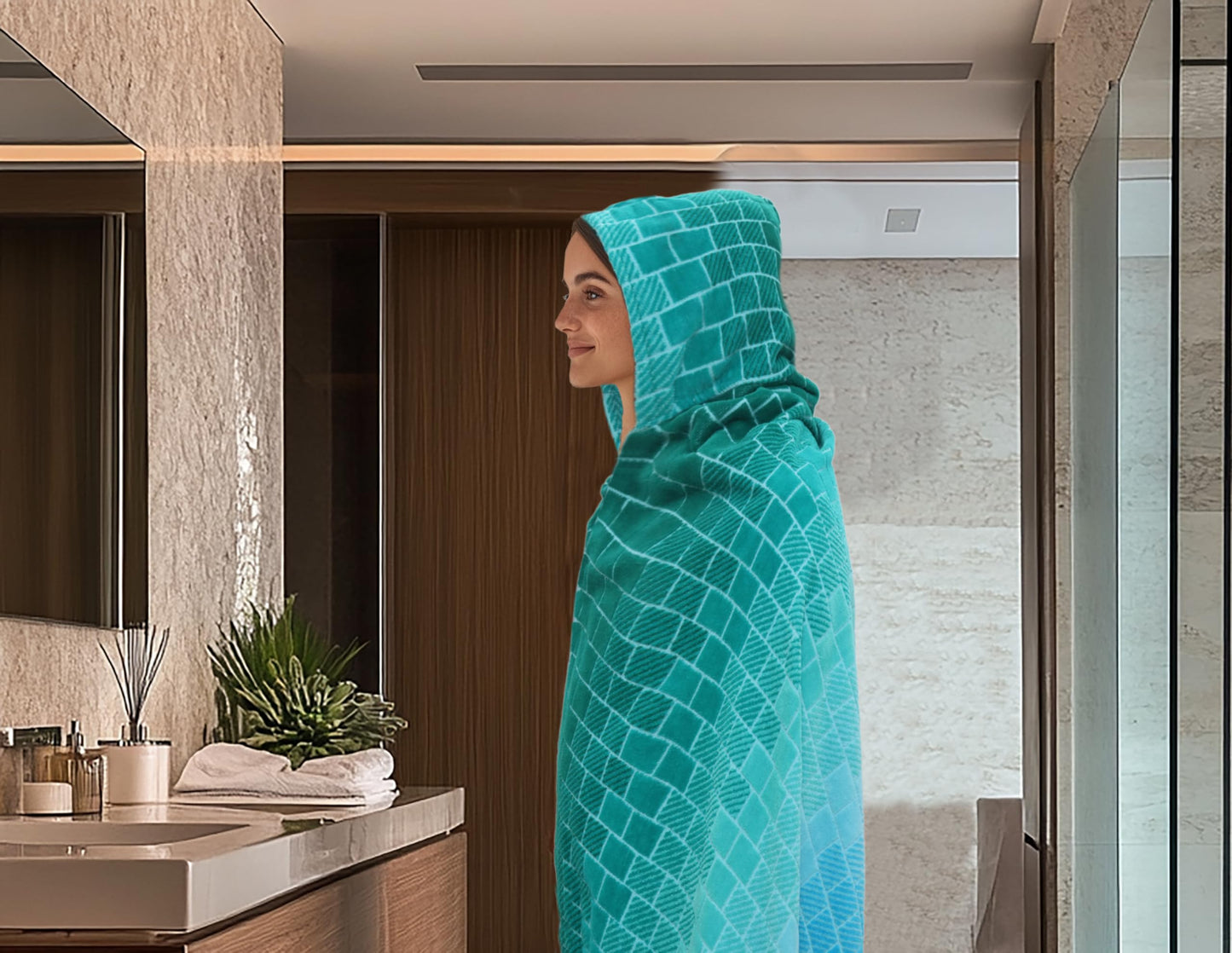 COTTON CRAFT Hooded Beach Towel – Oversized 39 x 68 Towel with Hood for Adults - 100% Cotton Velour Terry Jacquard Towel - Pool Bath Wrap - 450 GSM Soft Absorbent Quick Dry – Blue Tiles