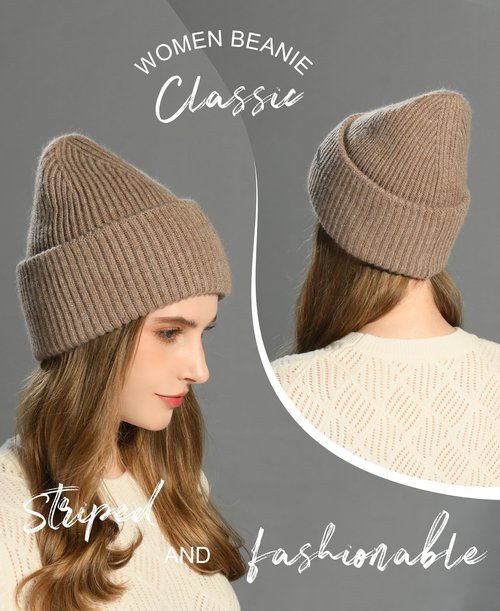 Harikery Wool Blend Knit Beanie hat for Women man Warm Soft Cashmere Beanie Unisex Cozy Skull Cap Winter Headwear Brown