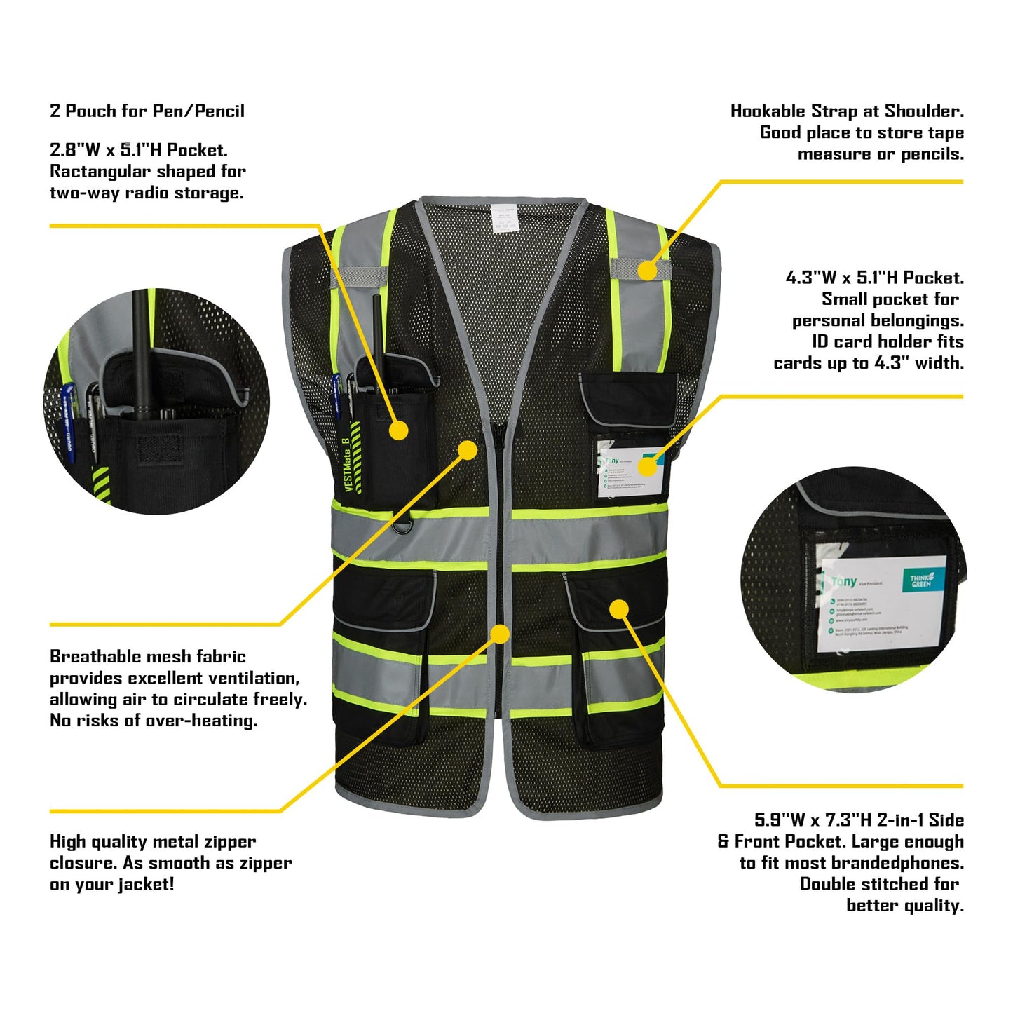 COOLJOB 9 Pockets Reflective Mesh Safety Vest for Men, Hi-vis Work Vest for Construction, Class 2 ANSI Standard, Black X-Large 1 pack