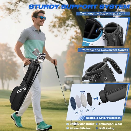 GOBUROS Golf Stand Bag Fit Up to 7 Clubs, Compact Design for Par 3 Courses and Driving Range, Lightweight Pitch and Putt Golf Bag, with Padded Double Strap, Rain Cover, Accessory Pockets, Black
